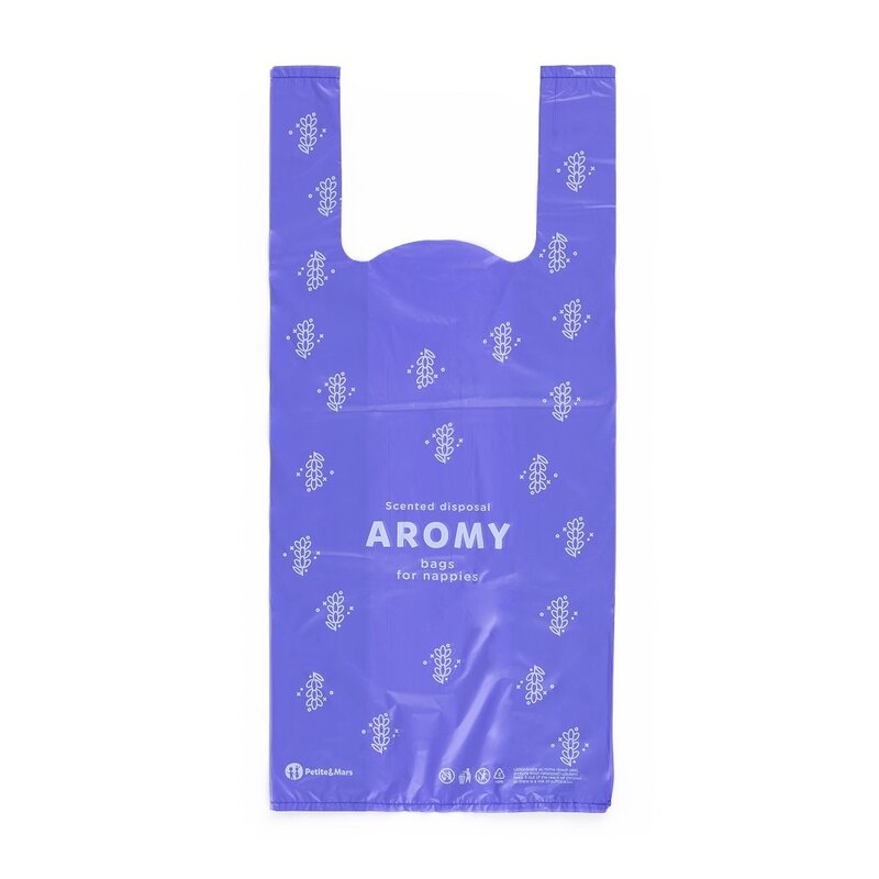 Petite&Mars - Saci parfumati pentru scutece, Aromy, Cu miros de lavanda, Rezistenti, Manere lungi, 100 bucati, Mov