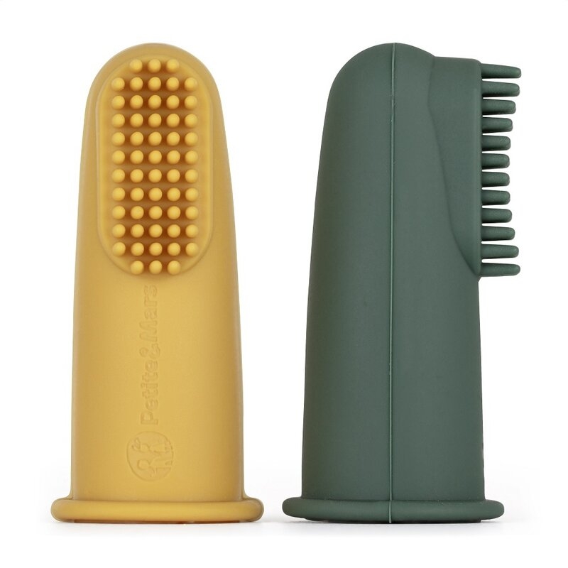 Petite&Mars - Set 2 periute de dinti pentru deget, Cu peri moi, Silicon, Include cutie depozitare, 0 luni+, Galben/Verde