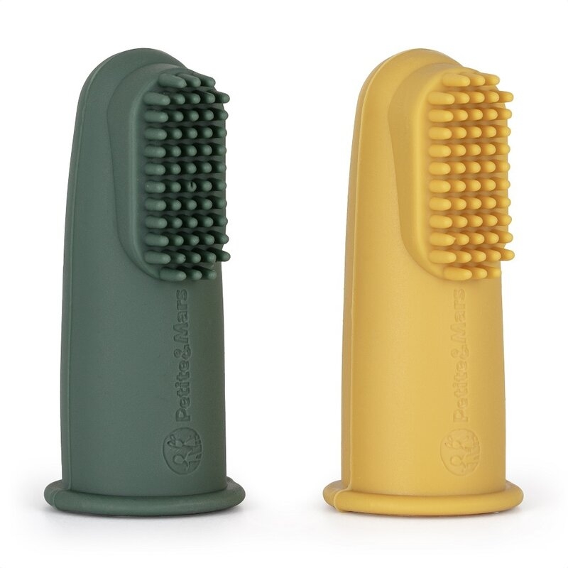 Petite&Mars - Set 2 periute de dinti pentru deget, Cu peri moi, Silicon, Include cutie depozitare, 0 luni+, Galben/Verde