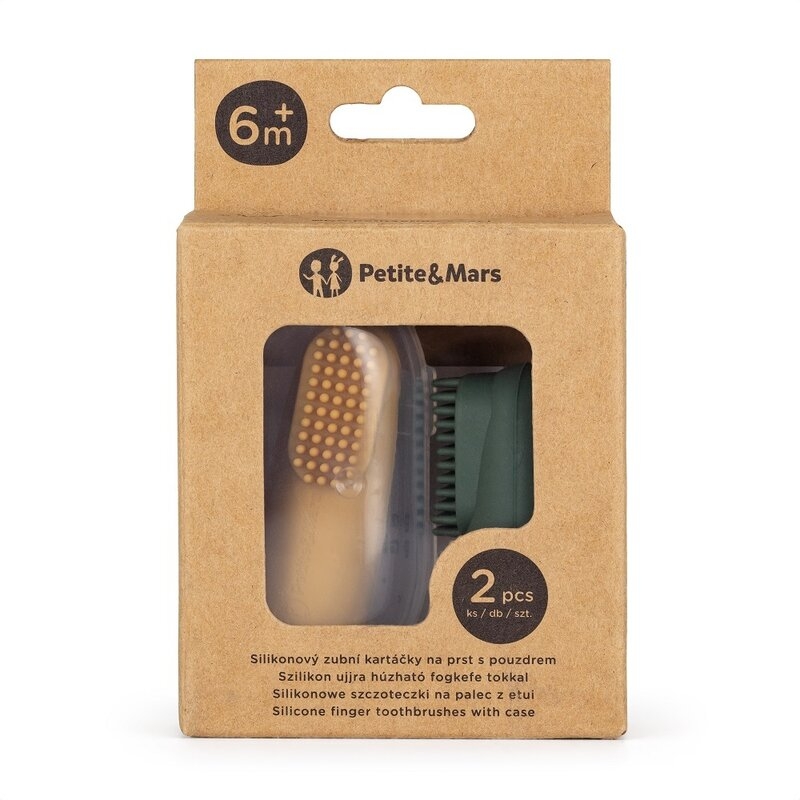 Petite&Mars - Set 2 periute de dinti pentru deget, Cu peri moi, Silicon, Include cutie depozitare, 0 luni+, Galben/Verde