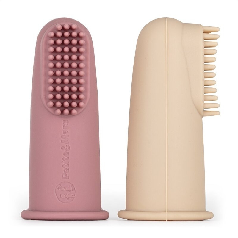Petite&Mars - Set 2 periute de dinti pentru deget, Cu peri moi, Silicon, Include cutie depozitare, 0 luni+, Roz/Bej