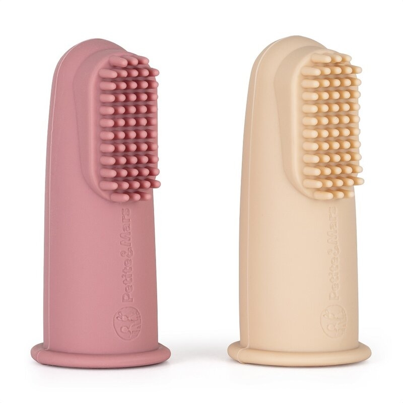 Petite&Mars - Set 2 periute de dinti pentru deget, Cu peri moi, Silicon, Include cutie depozitare, 0 luni+, Roz/Bej