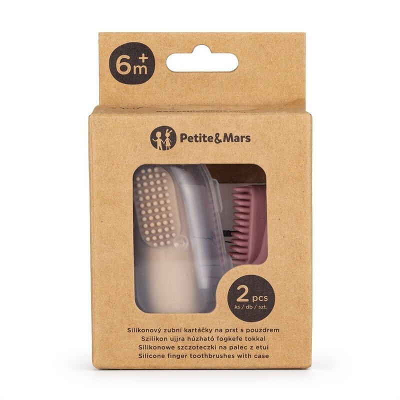 Petite&Mars - Set 2 periute de dinti pentru deget, Cu peri moi, Silicon, Include cutie depozitare, 0 luni+, Roz/Bej