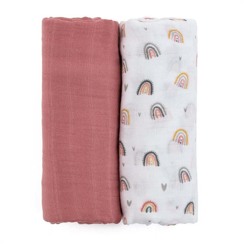 Petite&Mars - Set 2 scutece din muselina de bambus Misty Rose Rainbow, Hipoalergenice, Dimensiuni mari 120 x 120 cm, Certificate Oeko Tex Standard 100, Multicolor