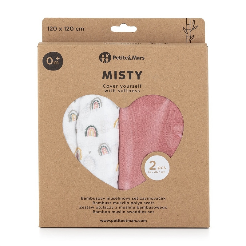 Petite&Mars - Set 2 scutece din muselina de bambus Misty Rose Rainbow, Hipoalergenice, Dimensiuni mari 120 x 120 cm, Certificate Oeko Tex Standard 100, Multicolor