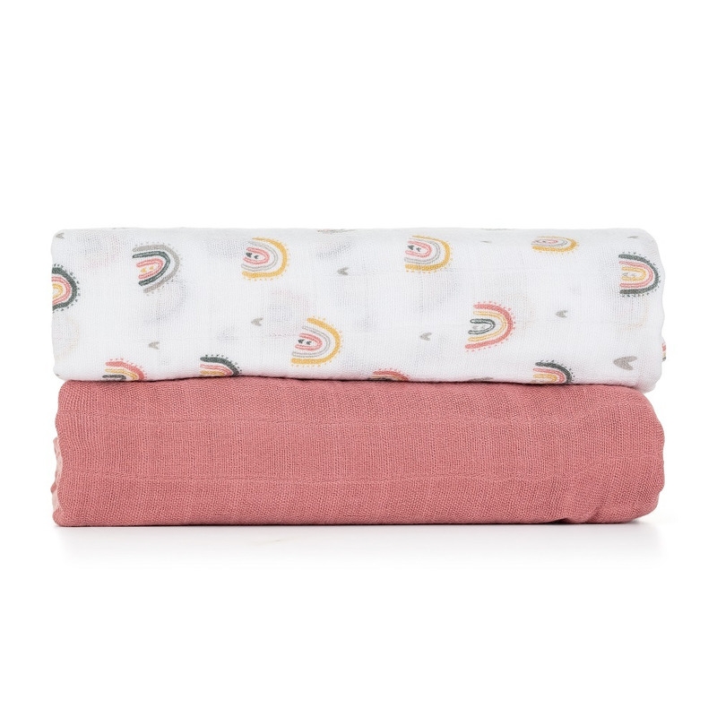 Petite&Mars - Set 2 scutece din muselina de bambus Misty Rose Rainbow, Hipoalergenice, Dimensiuni mari 120 x 120 cm, Certificate Oeko Tex Standard 100, Multicolor