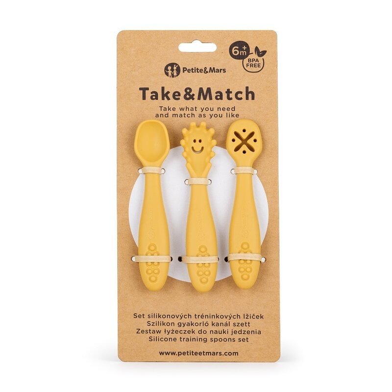 Petite&Mars - Set 3 lingurite, Diverse forme, Pentru supa, paste, alimente usoare, Dezvolta simturile si abilitatile senzoriale, Silicon, Fara BPA, 6 luni+, Galben