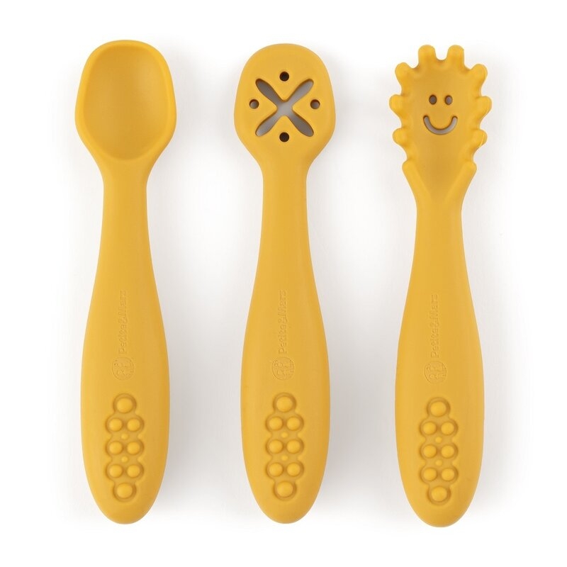 Petite&Mars - Set 3 lingurite, Diverse forme, Pentru supa, paste, alimente usoare, Dezvolta simturile si abilitatile senzoriale, Silicon, Fara BPA, 6 luni+, Galben