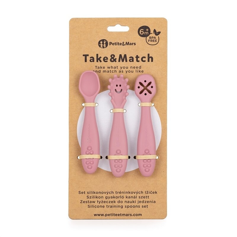 Petite&Mars - Set 3 lingurite, Diverse forme, Pentru supa, paste, alimente usoare, Dezvolta simturile si abilitatile senzoriale, Silicon, Fara BPA, 6 luni+, Roz