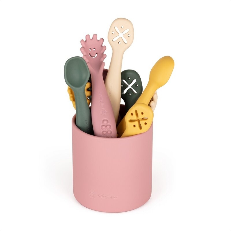 Petite&Mars - Set 3 lingurite, Diverse forme, Pentru supa, paste, alimente usoare, Dezvolta simturile si abilitatile senzoriale, Silicon, Fara BPA, 6 luni+, Roz