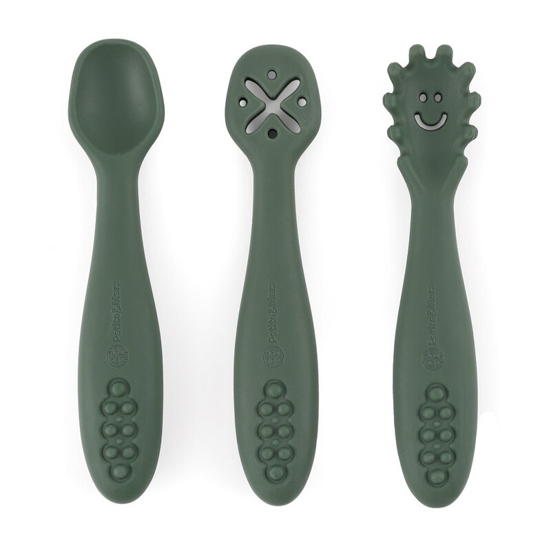 Petite&Mars - Set 3 lingurite, Diverse forme, Pentru supa, paste, alimente usoare, Dezvolta simturile si abilitatile senzoriale, Silicon, Fara BPA, 6 luni+, Verde