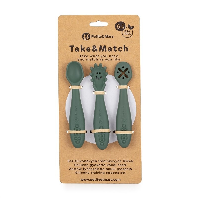Petite&Mars - Set 3 lingurite, Diverse forme, Pentru supa, paste, alimente usoare, Dezvolta simturile si abilitatile senzoriale, Silicon, Fara BPA, 6 luni+, Verde