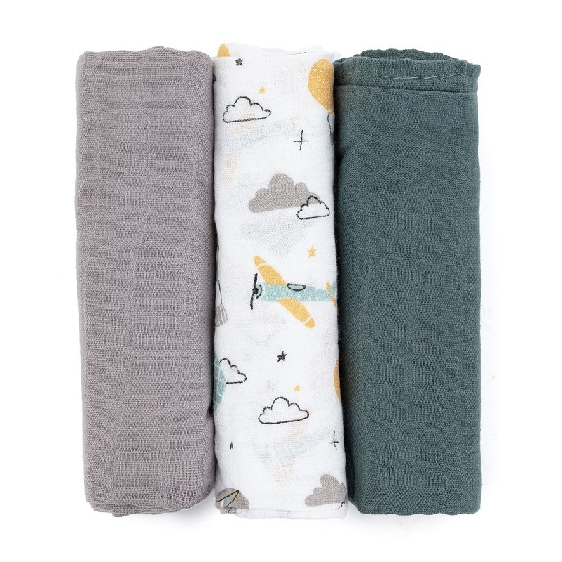 Petite&Mars - Set 3 scutece din muselina de bambus Moussy Grey Planes, Hipoalergenice, 68 x 68 cm, Certificate Oeko Tex Standard 100, Multicolor