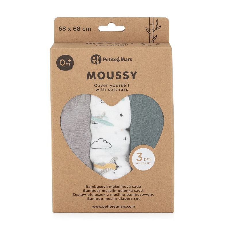 Petite&Mars - Set 3 scutece din muselina de bambus Moussy Grey Planes, Hipoalergenice, 68 x 68 cm, Certificate Oeko Tex Standard 100, Multicolor