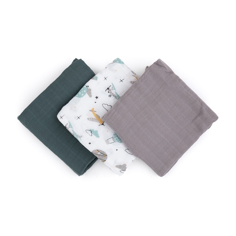 Petite&Mars - Set 3 scutece din muselina de bambus Moussy Grey Planes, Hipoalergenice, 68 x 68 cm, Certificate Oeko Tex Standard 100, Multicolor