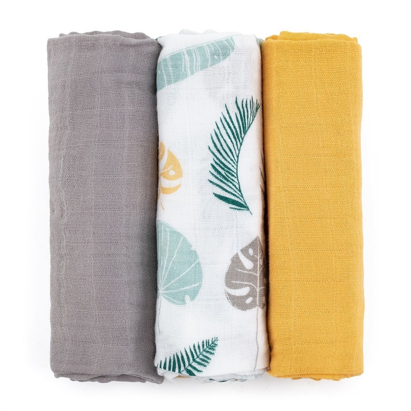 Petite&Mars - Set 3 scutece din muselina de bambus Moussy Ochre Leaves, Hipoalergenice, 68 x 68 cm, Certificate Oeko Tex Standard 100, Multicolor