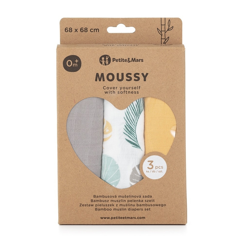 Petite&Mars - Set 3 scutece din muselina de bambus Moussy Ochre Leaves, Hipoalergenice, 68 x 68 cm, Certificate Oeko Tex Standard 100, Multicolor