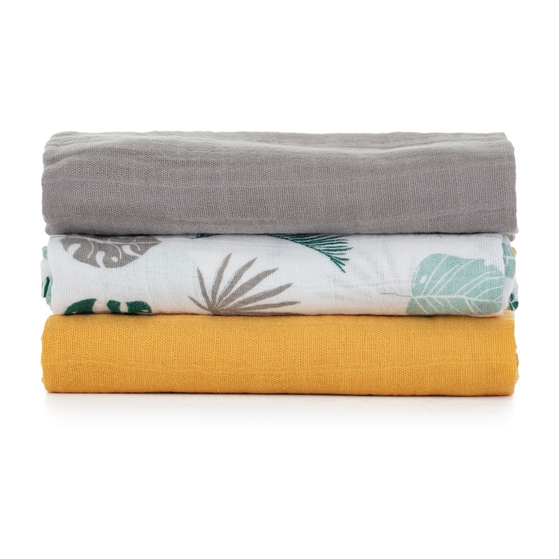 Petite&Mars - Set 3 scutece din muselina de bambus Moussy Ochre Leaves, Hipoalergenice, 68 x 68 cm, Certificate Oeko Tex Standard 100, Multicolor