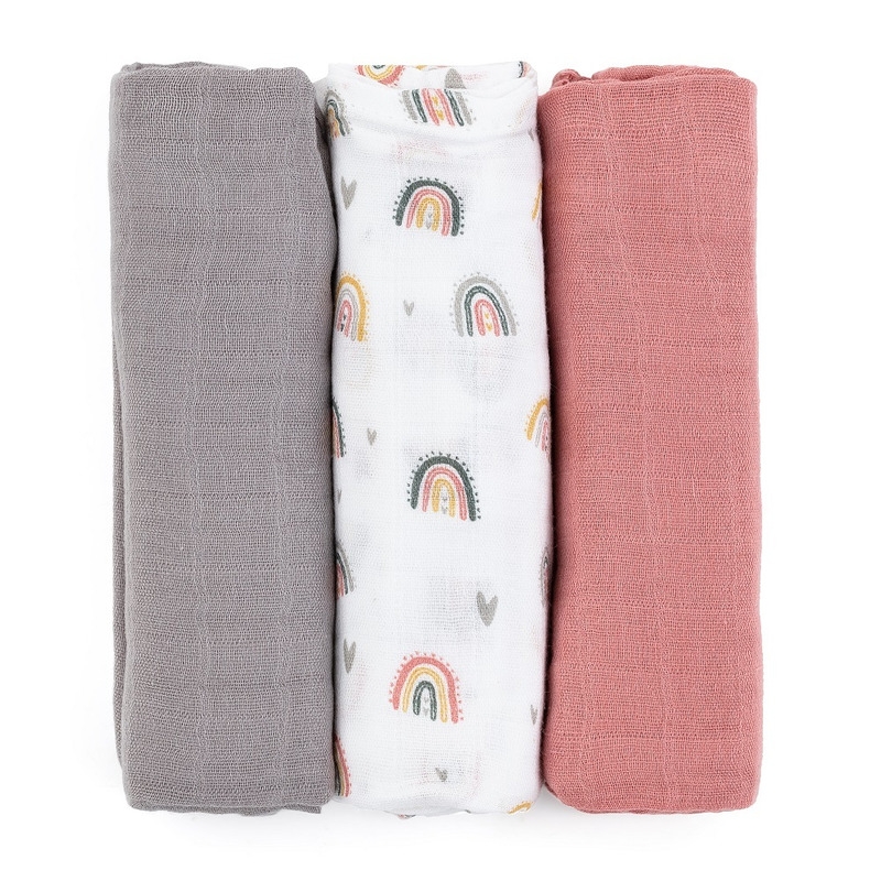 Petite&Mars - Set 3 scutece din muselina de bambus Moussy Rose Rainbow, Hipoalergenice, 68 x 68 cm, Certificate Oeko Tex Standard 100, Multicolor