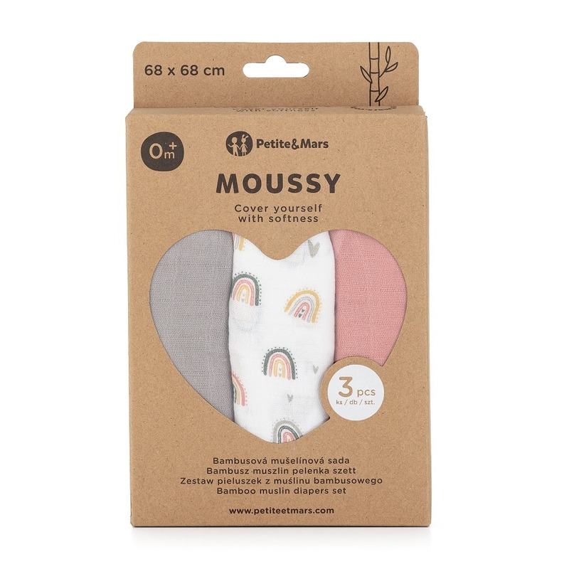 Petite&Mars - Set 3 scutece din muselina de bambus Moussy Rose Rainbow, Hipoalergenice, 68 x 68 cm, Certificate Oeko Tex Standard 100, Multicolor