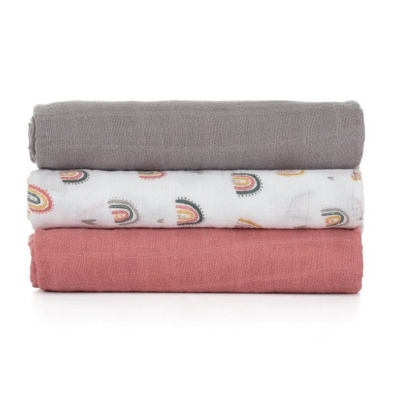 Petite&Mars - Set 3 scutece din muselina de bambus Moussy Rose Rainbow, Hipoalergenice, 68 x 68 cm, Certificate Oeko Tex Standard 100, Multicolor