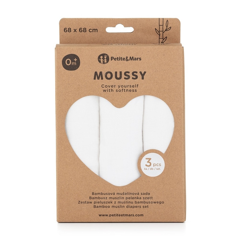 Petite&Mars - Set 3 scutece din muselina de bambus Moussy Total White, Hipoalergenice, 68 x 68 cm, Certificate Oeko Tex Standard 100, Alb