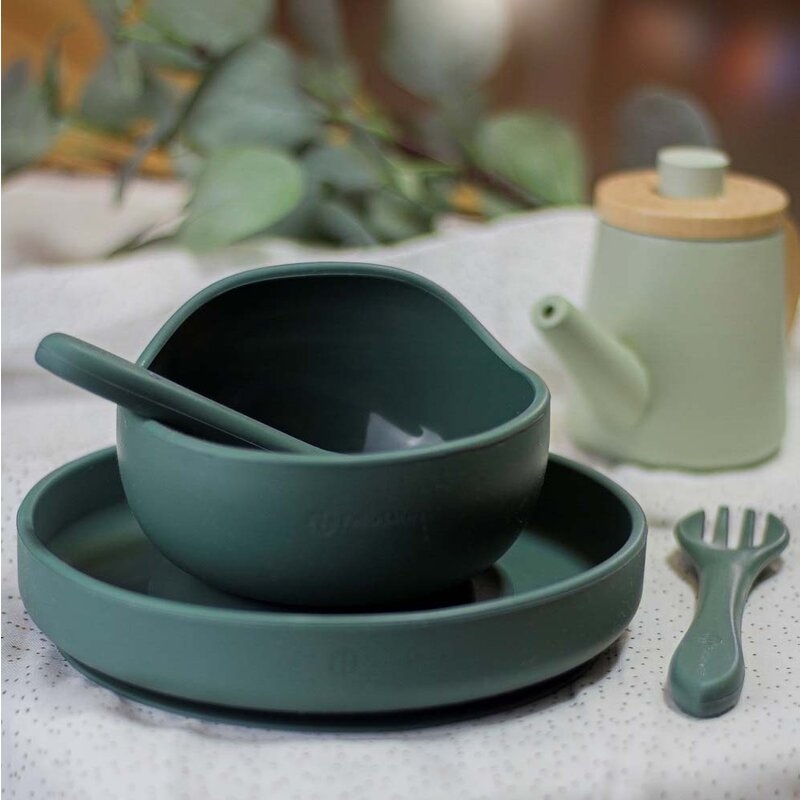 Petite&Mars - Set tacamuri din silicon fara BPA, Take&Match, 6 luni+, Verde inchis