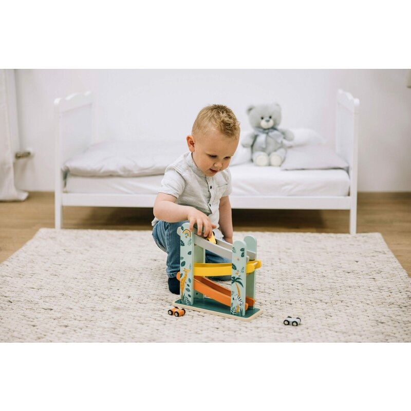Pista de masini, Din lemn, Cu 3 masinute incluse, 26.9 x 23.6 x 7 cm, Free2Play, Safari