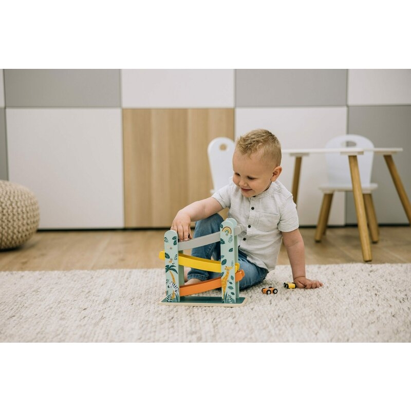 Pista de masini, Din lemn, Cu 3 masinute incluse, 26.9 x 23.6 x 7 cm, Free2Play, Safari