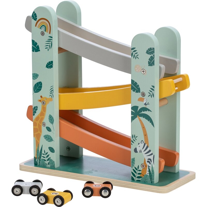 Pista de masini, Din lemn, Cu 3 masinute incluse, 26.9 x 23.6 x 7 cm, Free2Play, Safari