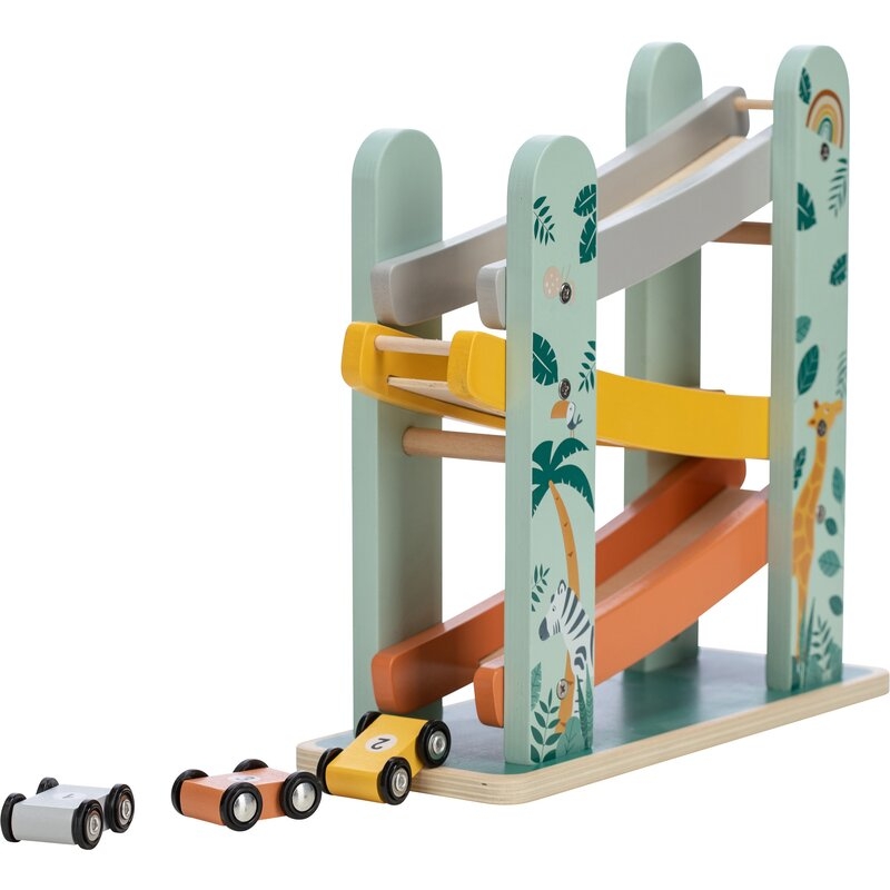 Pista de masini, Din lemn, Cu 3 masinute incluse, 26.9 x 23.6 x 7 cm, Free2Play, Safari