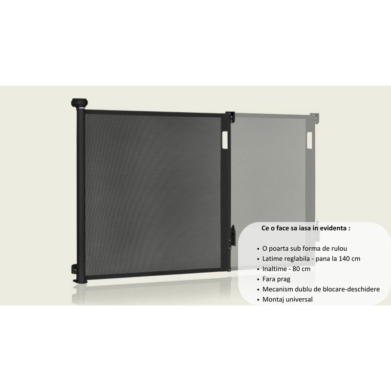 Poarta de siguranta, Lionelo, Thea, Textila, Ofera vizibilitate, Retractabila, Mecanism dublu de blocare, Montaj universal, 80x140 cm, Conform cu standardul european de securitate EN1930, Alb