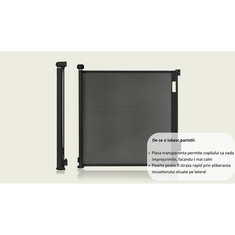 Poarta de siguranta, Lionelo, Thea, Textila, Ofera vizibilitate, Retractabila, Mecanism dublu de blocare, Montaj universal, 80x140 cm, Conform cu standardul european de securitate EN1930, Alb