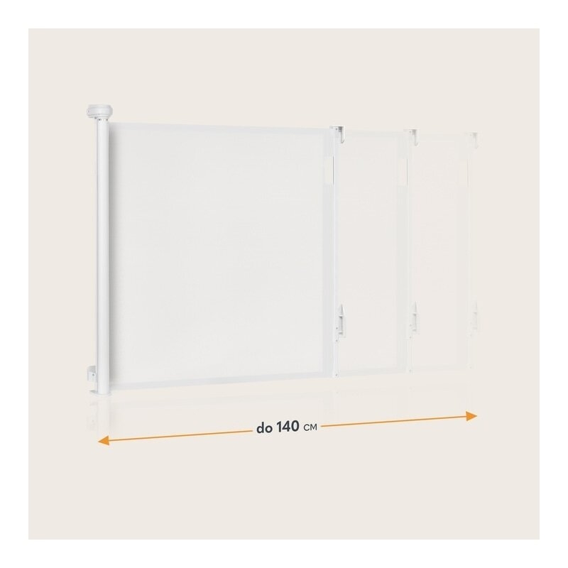 Poarta de siguranta, Lionelo, Thea, Textila, Ofera vizibilitate, Retractabila, Mecanism dublu de blocare, Montaj universal, 80x140 cm, Conform cu standardul european de securitate EN1930, Alb
