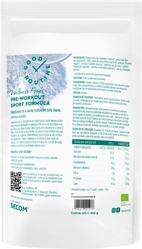 Pre-Wrorkout Sport Formula Good Routine Wellness Foods, 200 g, Secom Pre-Wrorkout Sport Formula Good Routine Wellness Foods, 200 g, Secom