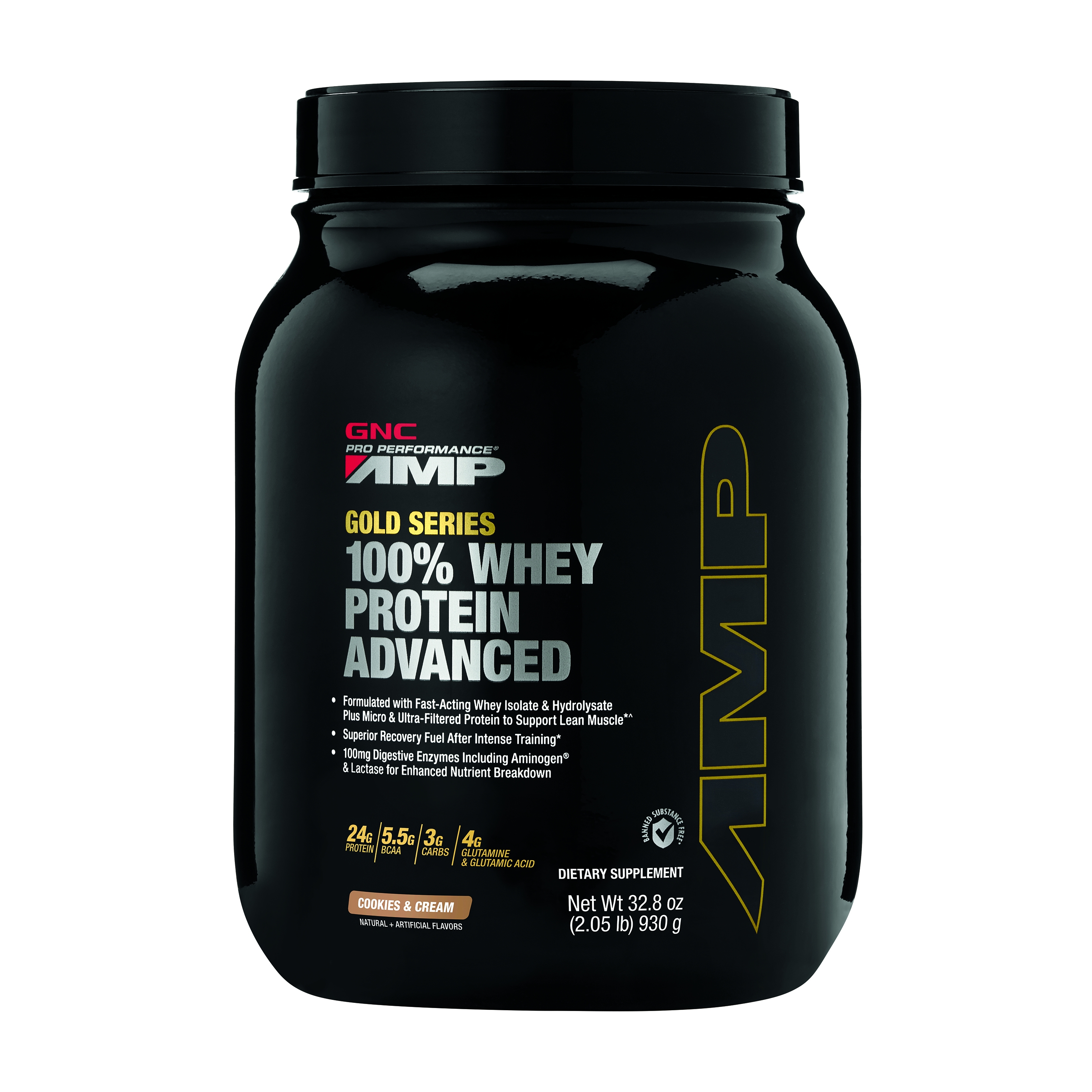 Proteina din zer cu aroma de biscuiti si frisca AMP Gold Series, 930 g, GNC