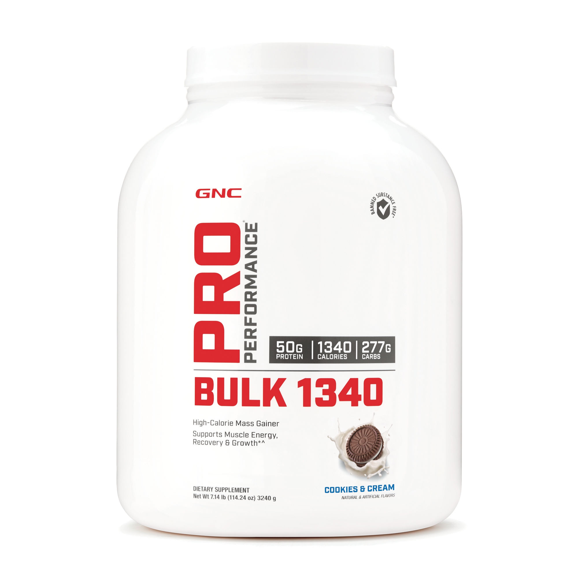 gnc pro performance bulk 1340, gainer cu proteina si carbohidrati, cu aroma de biscuiti si frisca, 3240 g