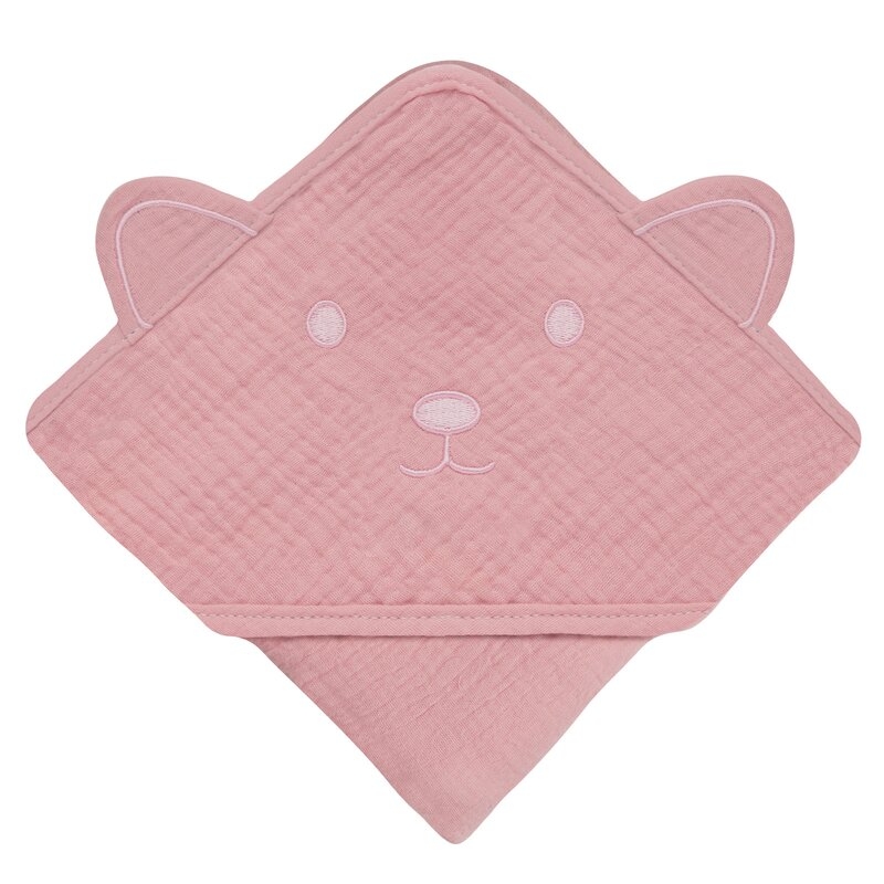 Prosop de baie, Lionelo, Cu gluga, Din muselina, 100% bumbac, 80x80 cm, Absorbtie eficienta, Roz