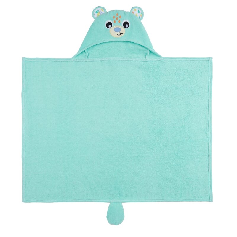 Prosop de baie, Playgro, Friendly Forest, Cu gluga si codita, 100% bumbac, 60x80 cm, Bear, Turcoaz