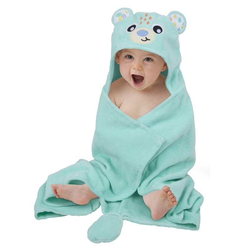 Prosop de baie, Playgro, Friendly Forest, Cu gluga si codita, 100% bumbac, 60x80 cm, Bear, Turcoaz