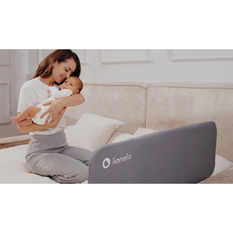 Protectie laterala pat, Lionelo, Lora, Pliabila, Sistem de blocare StandSafe, Geanta de transport inclusa, 105 x 45 cm, Bej