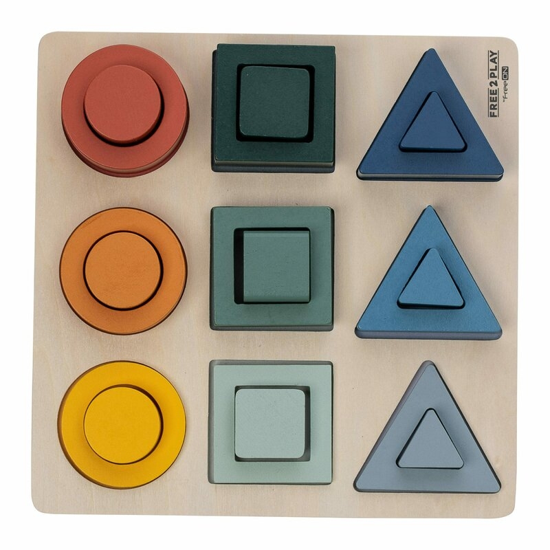 Puzzle copii, Free2Play, Din lemn, Cu sortare forme, Incurajeaza imaginatia, Dezvolta abilitatile motorii fine si coordonarea ochi-mana, 22,2x22,2x4,2 cm, 12 luni+, Multcolor