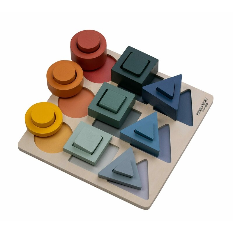 Puzzle copii, Free2Play, Din lemn, Cu sortare forme, Incurajeaza imaginatia, Dezvolta abilitatile motorii fine si coordonarea ochi-mana, 22,2x22,2x4,2 cm, 12 luni+, Multcolor