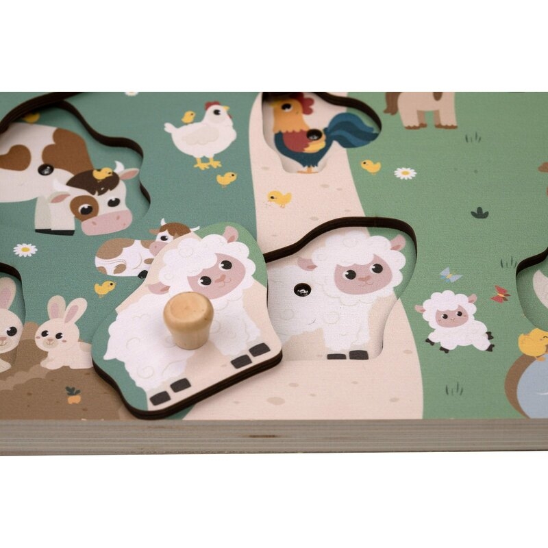 Puzzle din lemn, Free2Play, Cu animalute de la ferma, Cu sunete, Cu maner, Stimuleaza simturile, invatarea prin joc si imaginatia, 29,8 x 21,2 x 3,8 cm, Farm