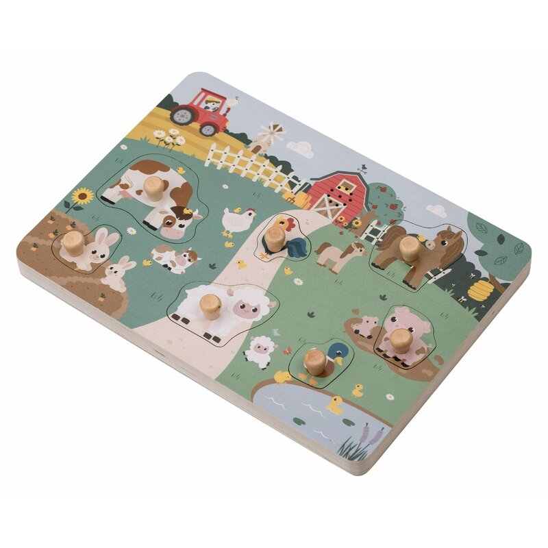 Puzzle din lemn, Free2Play, Cu animalute de la ferma, Cu sunete, Cu maner, Stimuleaza simturile, invatarea prin joc si imaginatia, 29,8 x 21,2 x 3,8 cm, Farm