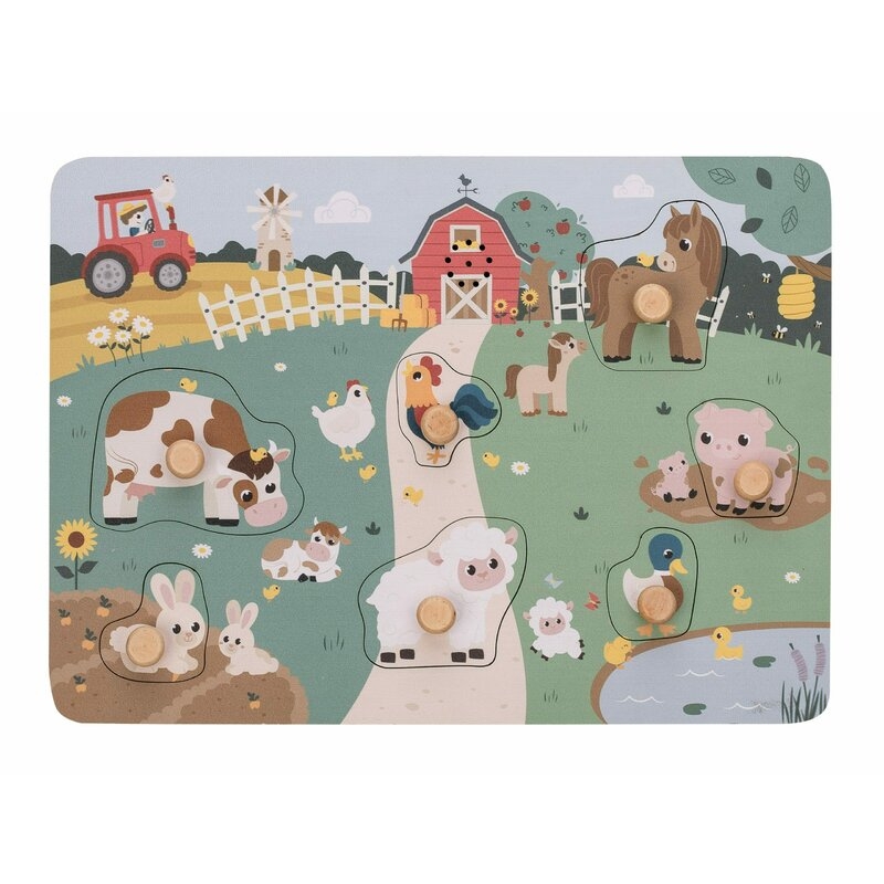 Puzzle din lemn, Free2Play, Cu animalute de la ferma, Cu sunete, Cu maner, Stimuleaza simturile, invatarea prin joc si imaginatia, 29,8 x 21,2 x 3,8 cm, Farm