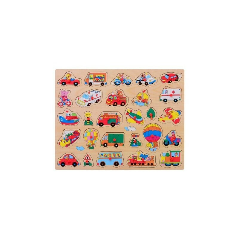 Puzzle, Joueco, Din lemn certificat FSC, 35 x 45 cm, 18 luni+, 31 piese, Vehicule