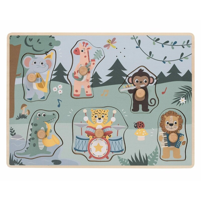 Puzzle muzical din lemn, Free2Play, Cu animalute din jungla, Cu sunete, Cu maner, Stimuleaza simturile, invatarea prin joc si imaginatia, 30x21,5x3,5 cm, Jungle