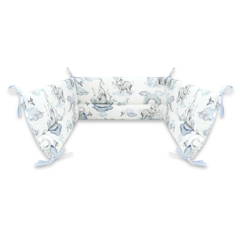 Qmini - Aparatoare pentru patut 120X60 cm, Din bumbac certificat Oeko Tex Standard 100, 180x30 cm, Cu panglici, Elephants on Rainbow Blue
