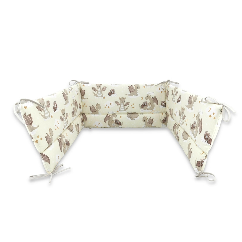 Qmini - Aparatoare pentru patut 120X60 cm, Din bumbac certificat Oeko Tex Standard 100, 180x30 cm, Cu panglici, Dragons Gray